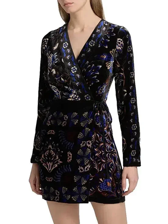 New, Farm Rio Arabesque Mix Scarves Floral Velvet Wrap Minidress Sz L #MD1629 - Picture 2 of 10